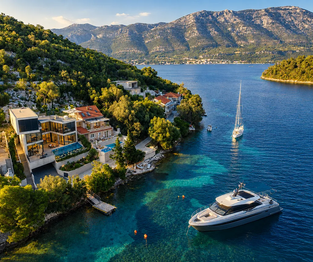 The villa captured from above, set against turquoise waters