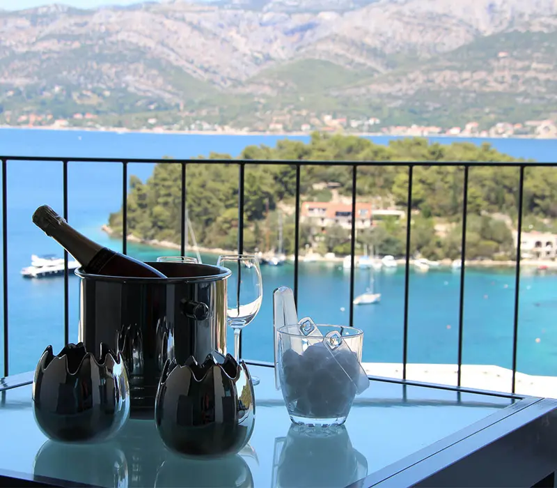 Aussicht von der Terasse mit eingekühltem Champagner auf dem Tisch
